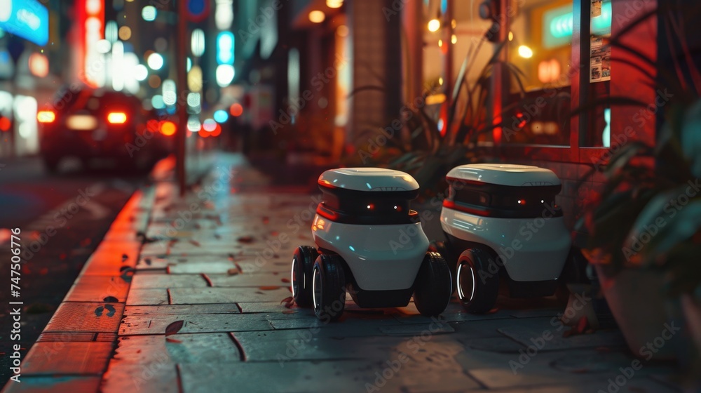 Poster Two robots sitting on a sidewalk, suitable for technology concepts