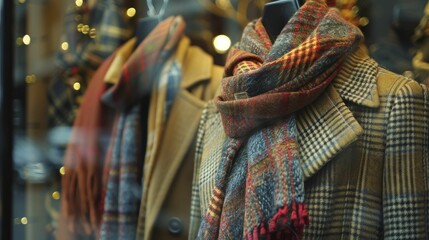 Fototapeta na wymiar Luxury autumn fashion shopping, elegant coats and scarves in an upscale boutique setting.