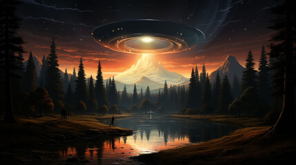 UFO, an alien plate hovering over the field, hovering motionless in the air.