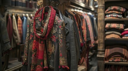Explore opulent fall styles with chic coats and scarves at a high-end boutique for luxury autumn fashion shopping.