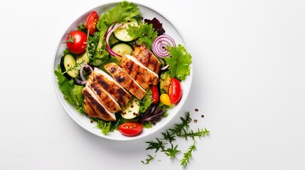 Grilled chicken and fresh vegetable salad. Healthy diet food concept. On a light background, top view