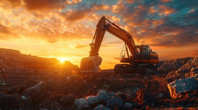 A Large Excavator Sitting On Top Of A Pile Of Dirt. Suitable For Construction And Industrial Concepts