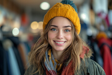 Smiling female couple choosing clothes on rack in store