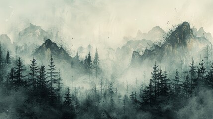 A Chinese style ink landscape art wallpaper that can be used in print and digital media, rugs, wallpapers, wall art, graphic design, social media, posters, gallery walls, and even t-shirts. - obrazy, fototapety, plakaty