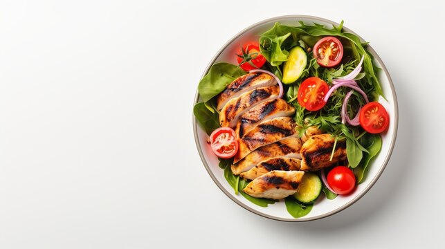 Grilled chicken and fresh vegetable salad. Healthy diet food concept. On a light background, top view