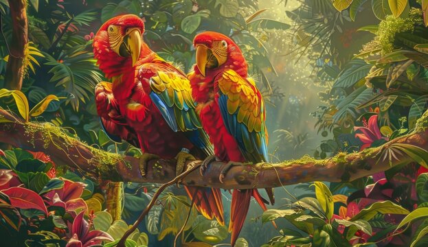 paintings of colorful birds in the jungle Generative AI