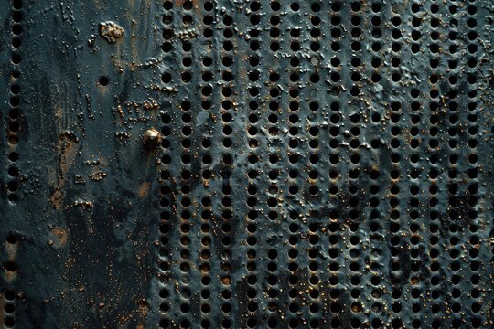 A metal grate with holes and perforations, suitable for industrial or architectural use