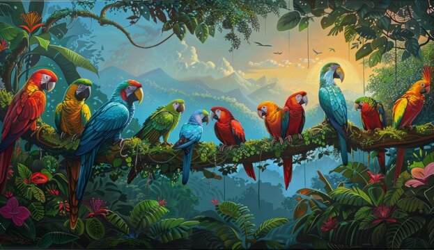 paintings of colorful birds in the jungle Generative AI
