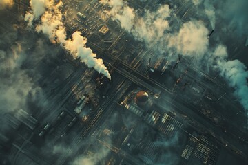 Aerial view of city with smoke, suitable for news articles - obrazy, fototapety, plakaty