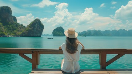 A woman sitting on a bench looking out at the water, suitable for lifestyle and relaxation concepts