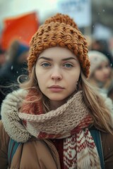A young woman wearing a hat and scarf. Suitable for fashion or winter-themed projects
