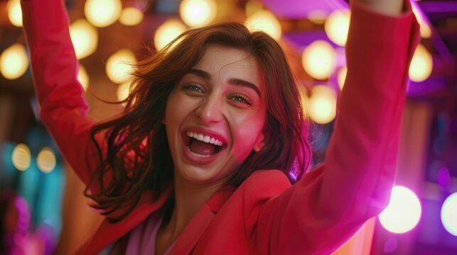 A woman in a red jacket dancing, suitable for dance or fitness related projects - Powered by Adobe