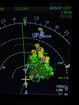 Weather radar returns of rain and storm on the navigation display of a modern airliner during landing