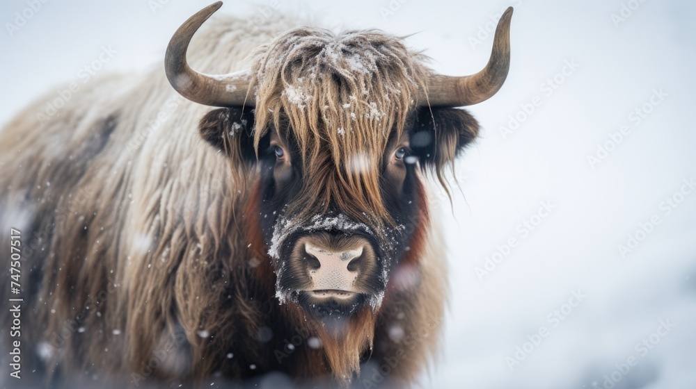 Poster a close up of a yak in the snow, suitable for various winter-themed projects