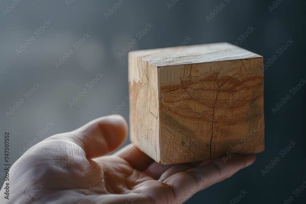 Poster a person holding a wooden block, versatile image for various concepts