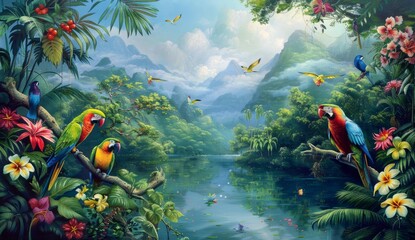 tropical birds painting Generative AI - obrazy, fototapety, plakaty