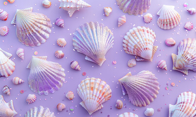 collection of purple holographic  seashells and beach treasures on pastel background - obrazy, fototapety, plakaty