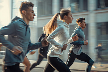 Fototapeta na wymiar Group of runners in sportswear in motion blur on an urban street, showcasing active lifestyle.