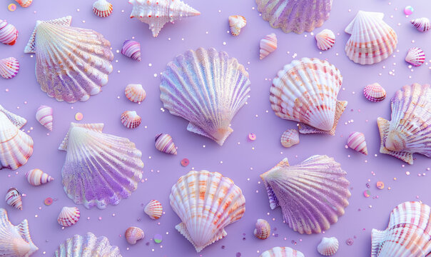 collection of purple holographic  seashells and beach treasures on pastel background