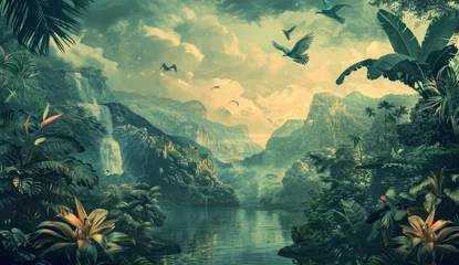 Foto auf Alu-Dibond a painting of a tropical scene with birds Generative AI © SKIMP Art