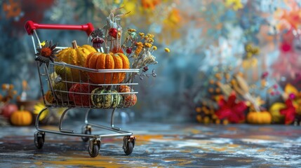 Preparing for autumn festivities, a cart filled with decorations and crafting supplies for Halloween and Thanksgiving.