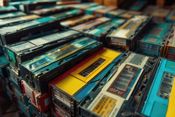 A pile of cassettes stacked on top of each other. Great for music or retro themed designs