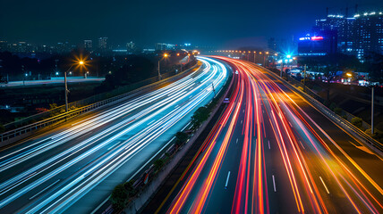 Fototapeta na wymiar traffic at night, neon light speed trail