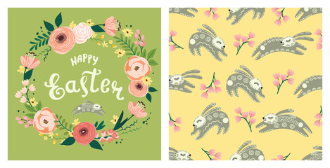 Easter collection of floral wreath print and seamless pattern with bunny.Decorative backgrounds with spring flowers,hand lettering and cute animal.Green,yellow and pink colors.Hand drawn illustration.