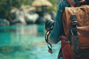 A person with a camera and backpack near a body of water. Suitable for travel blogs - obrazy, fototapety, plakaty