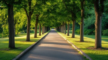 tranquil, sun-drenched pathway flanked by rows of towering trees, casting shadows on a well-manicured lawn