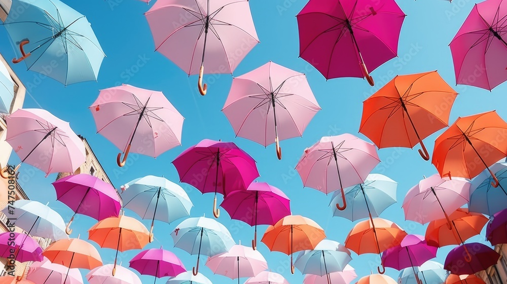 Aufkleber colorful umbrellas hanging from the ceiling, perfect for adding a pop of color to any space