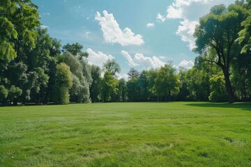 A peaceful scene of trees in a grassy field. Perfect for nature backgrounds - obrazy, fototapety, plakaty