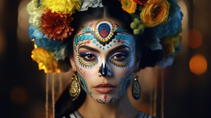 A woman with skull makeup and flowers in her hair. Suitable for Halloween or Dia de los Muertos themed projects