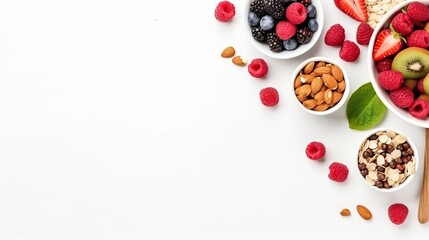 Healthy breakfast with muesli, fruits, berries, nuts on white background. Flat lay, top view, copy space