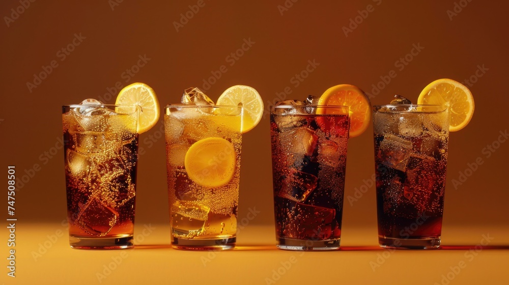 Poster row of glasses filled with different types of drinks. suitable for bar or restaurant concept
