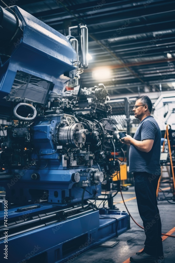 Aufkleber a man standing in front of a machine in a factory. ideal for industrial and manufacturing concepts