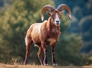 Fototapeta premium Mufflon mit grossen Hörnern in freier Natur, Generative AI