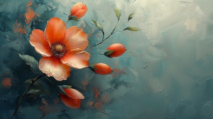 An abstract oil painting of nostalgic flowers that hangs on the wall.