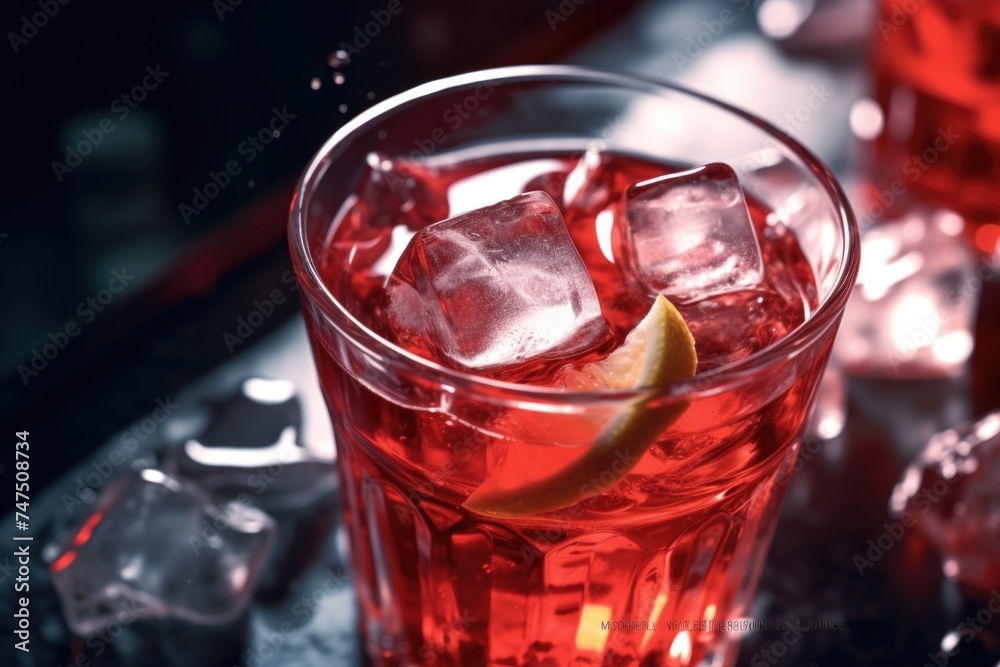 Poster Close up of a refreshing drink with ice and a slice of lemon. Perfect for summer beverage concepts