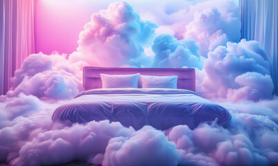  A bed in the soft vanila dream clouds. A good dream concept. - obrazy, fototapety, plakaty
