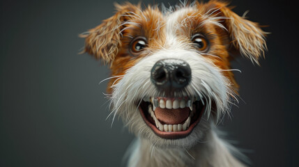 Happy dog portrait with teeth showing - A close-up of a delighted dog with a wide, toothy grin showcases the joy and lightheartedness of man's best friend