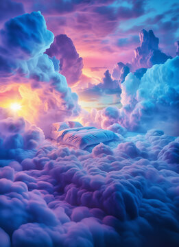  A bed in the soft vanila dream clouds. A good dream concept.