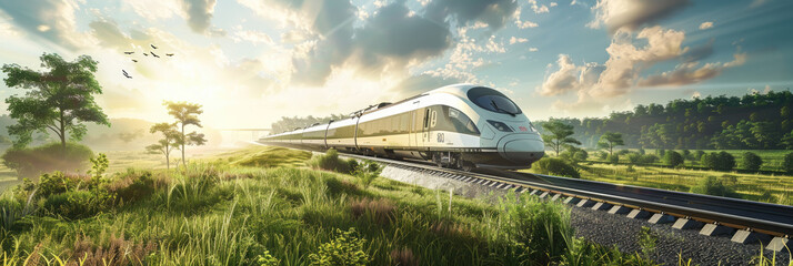 High-speed train in picturesque countryside - A high-speed train travels through a picturesque countryside during a beautiful sunrise - obrazy, fototapety, plakaty