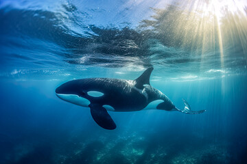 Obraz premium Schwertwal auch Orca oder Killerwal (Orcinus orca) im Meer, Unterwasser, Generative AI