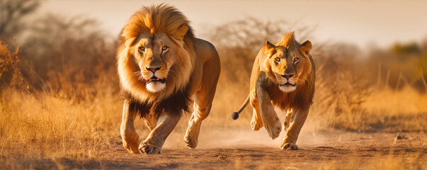 Fototapeta premium Wild lions running fast.