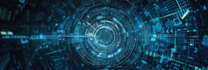 Obraz premium Intricate digital interface with a futuristic design - A sophisticated digital tunnel interface with glowing blue circuits and futuristic technology, embodying connectivity and data flow