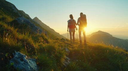 A couple of people enjoying the view from a mountain top. Suitable for travel and adventure concepts
