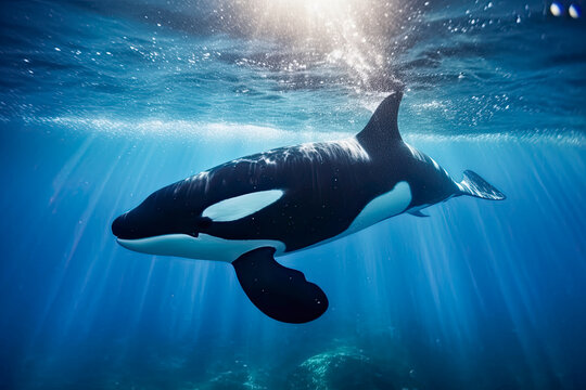 Schwertwal auch Orca oder Killerwal (Orcinus orca) im Meer, Unterwasser, Generative AI