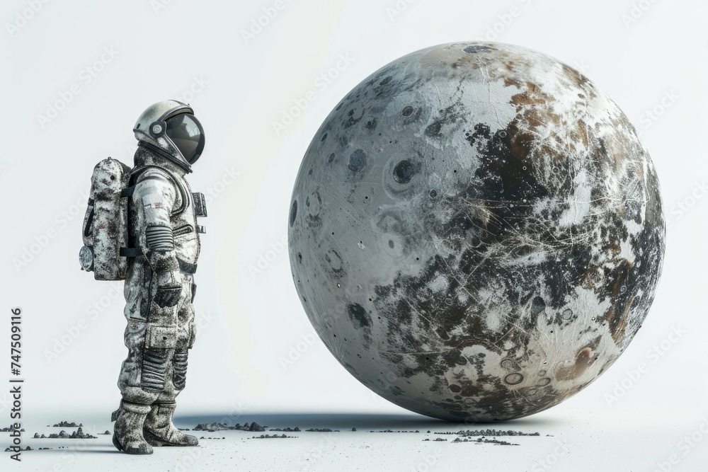 Poster a man in a space suit next to a giant ball, suitable for science or space-themed projects