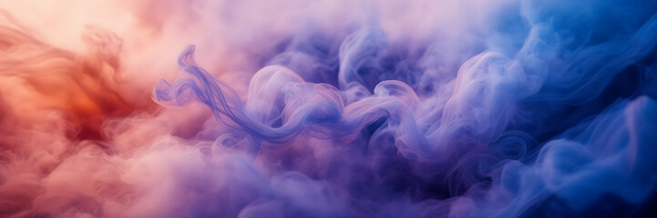 Photograph capturing the ethereal beauty of smoke tendrils in hues of amethyst and cobalt against a backdrop of coral blush. - obrazy, fototapety, plakaty